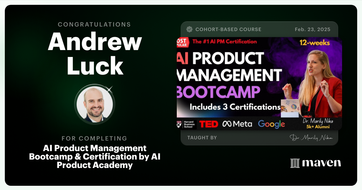 Certificate of Completion for AI Product Management Bootcamp & Certification by AI Product Academy