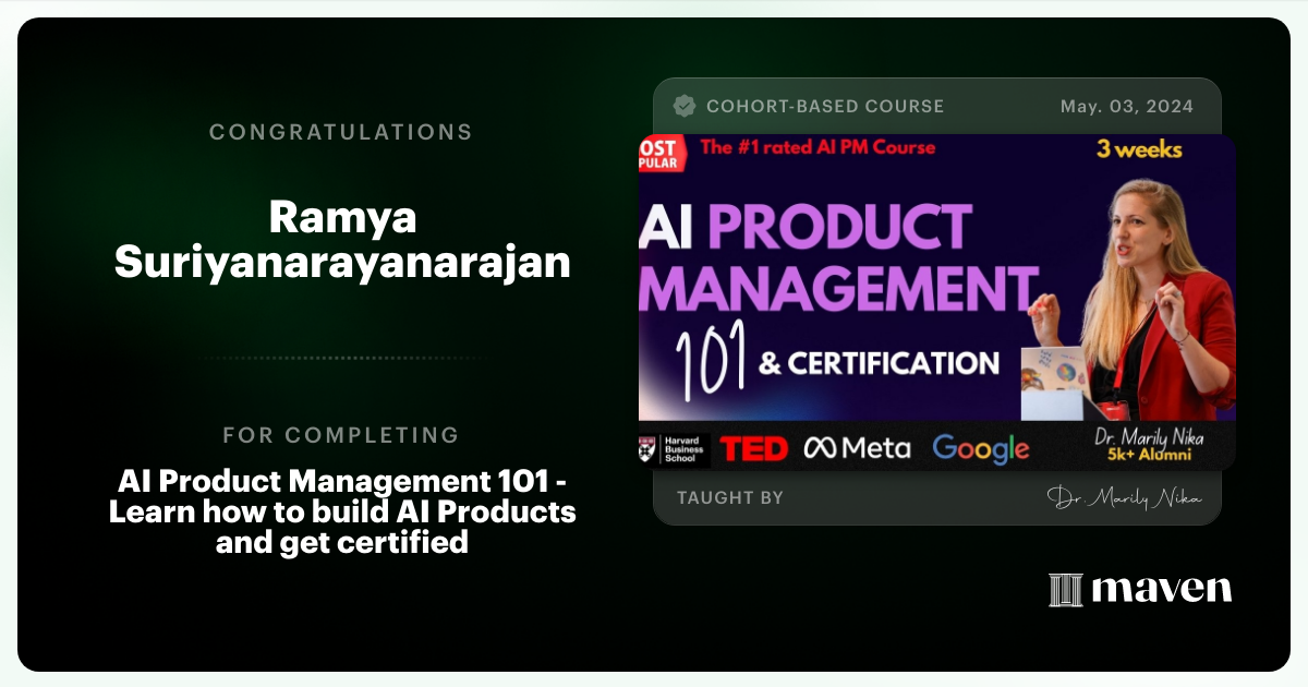 Certificate of Completion for AI Product Management 101 & Certification - Building AI Products end-to-end