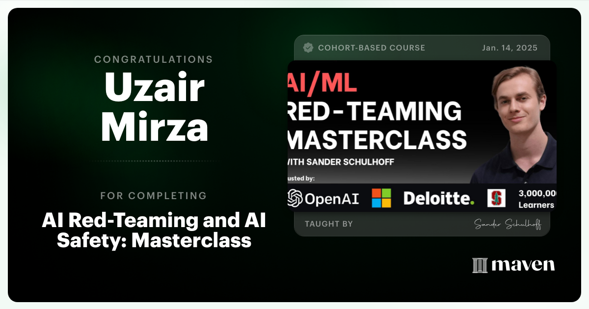 Certificate of Completion for AI Red Teaming & AI Security Masterclass