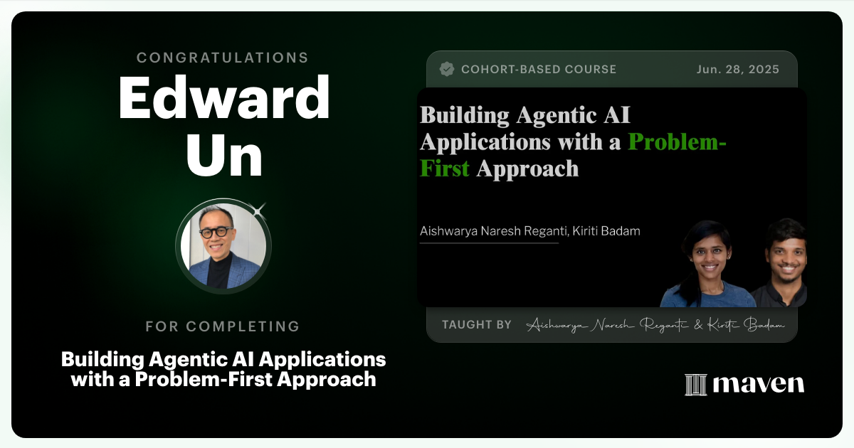 Certificate of Completion for Building Agentic AI Applications with a Problem-First Approach