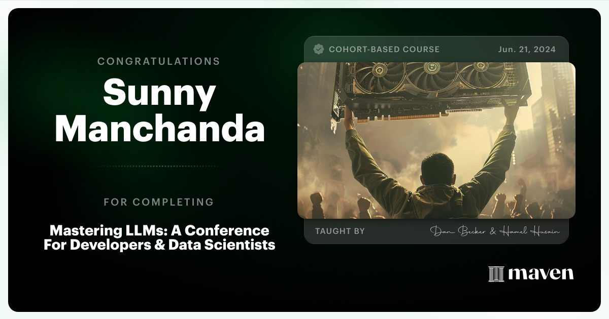 Certificate of Completion for Mastering LLMs For Developers & Data Scientists