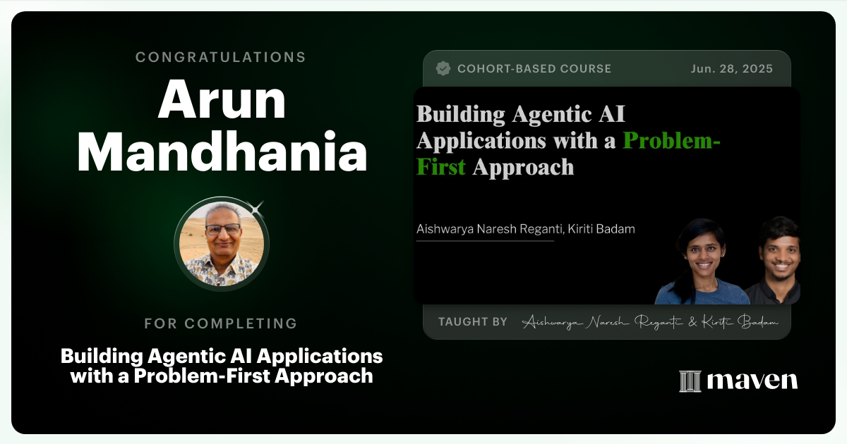 Certificate of Completion for Building Agentic AI Applications with a Problem-First Approach