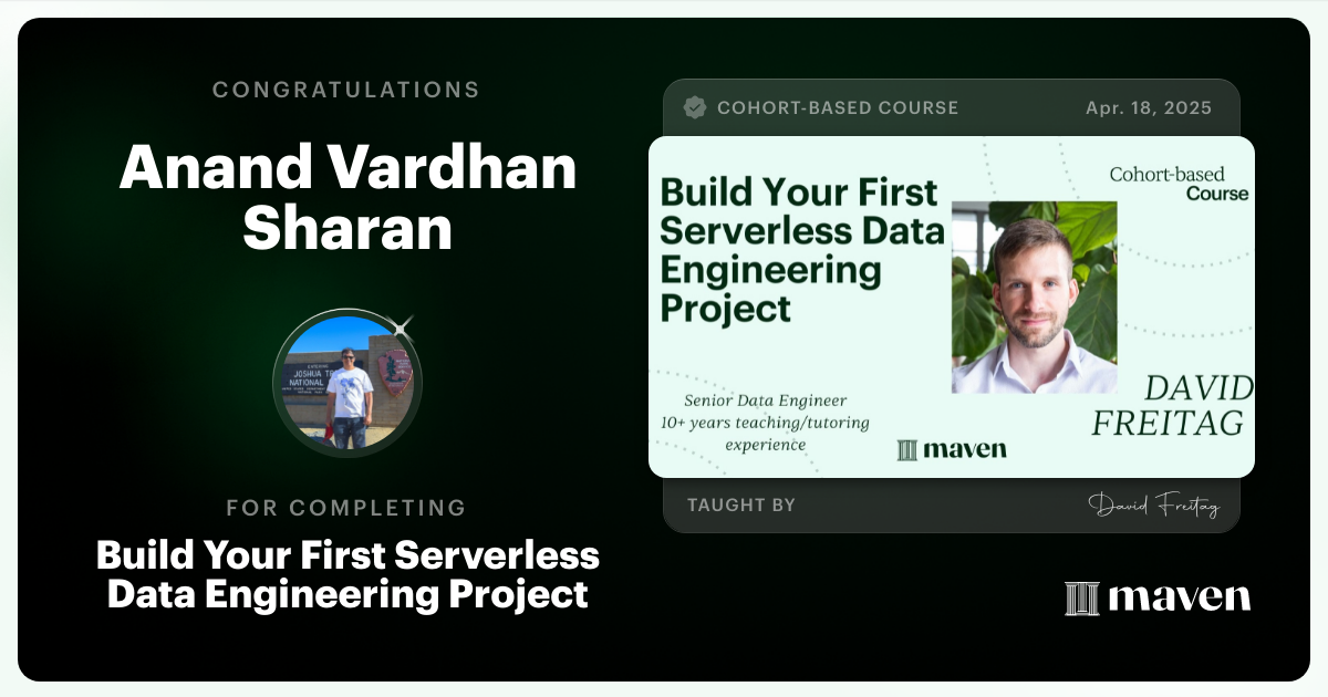 Certificate of Completion for Build Your First Serverless Data Engineering Project