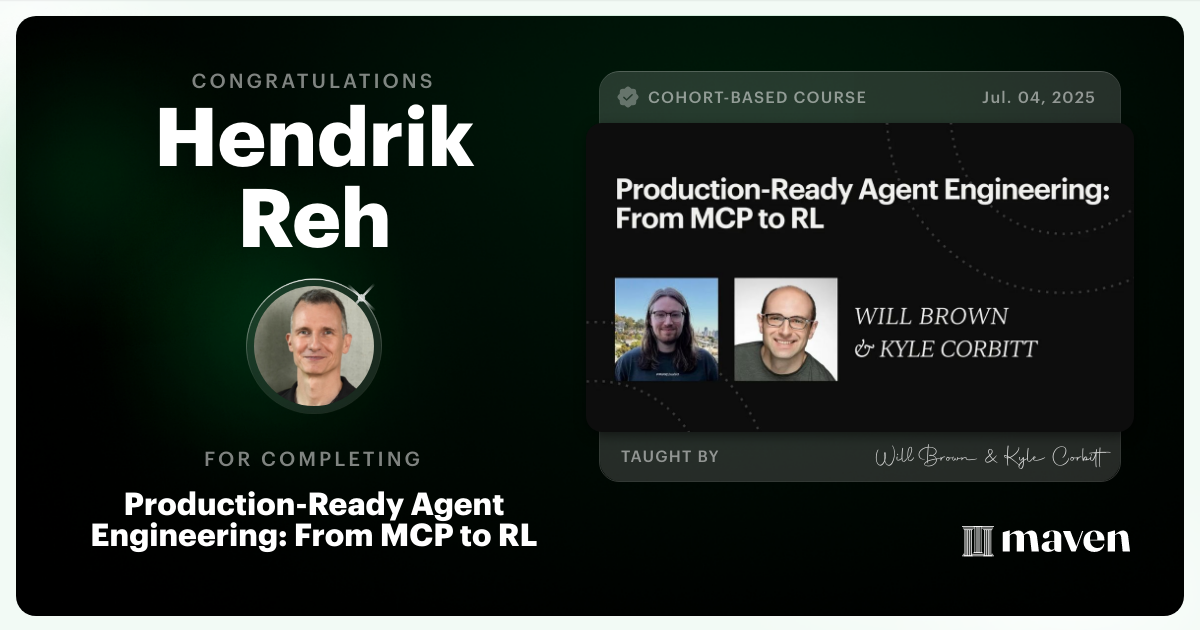 Certificate of Completion for Production-Ready Agent Engineering: From MCP to RL