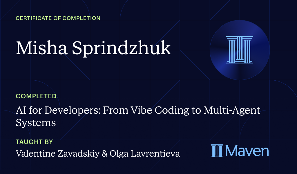 Certificate for AI for Developers: From Vibe Coding to Multi-Agent Systems