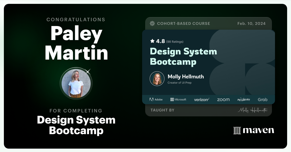 Certificate of Completion for Design System Bootcamp
