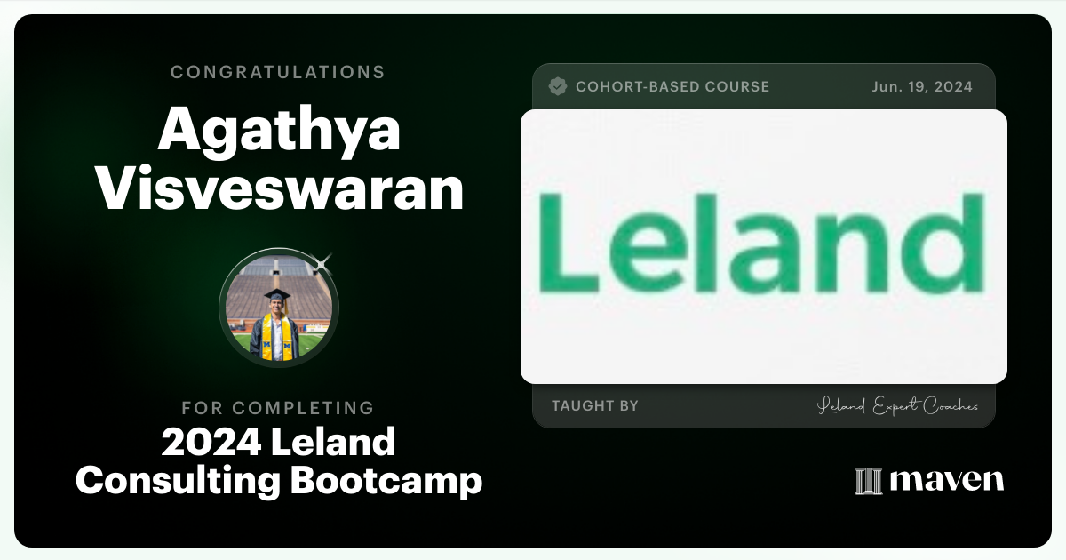 Certificate of Completion for Leland Management Consulting Recruiting Bootcamp