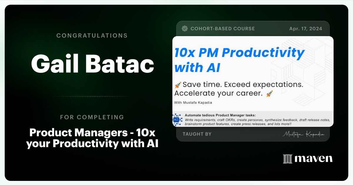 Certificate of Completion for Get Your Time Back: AI for Product Managers