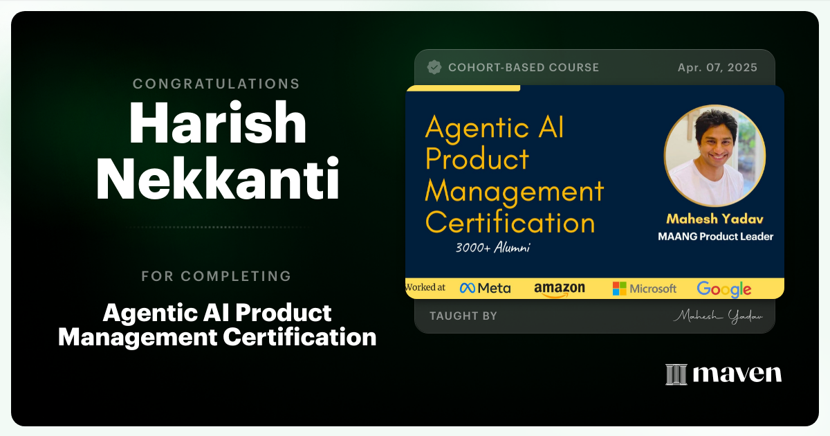 Certificate of Completion for Agentic AI Product Management Certification