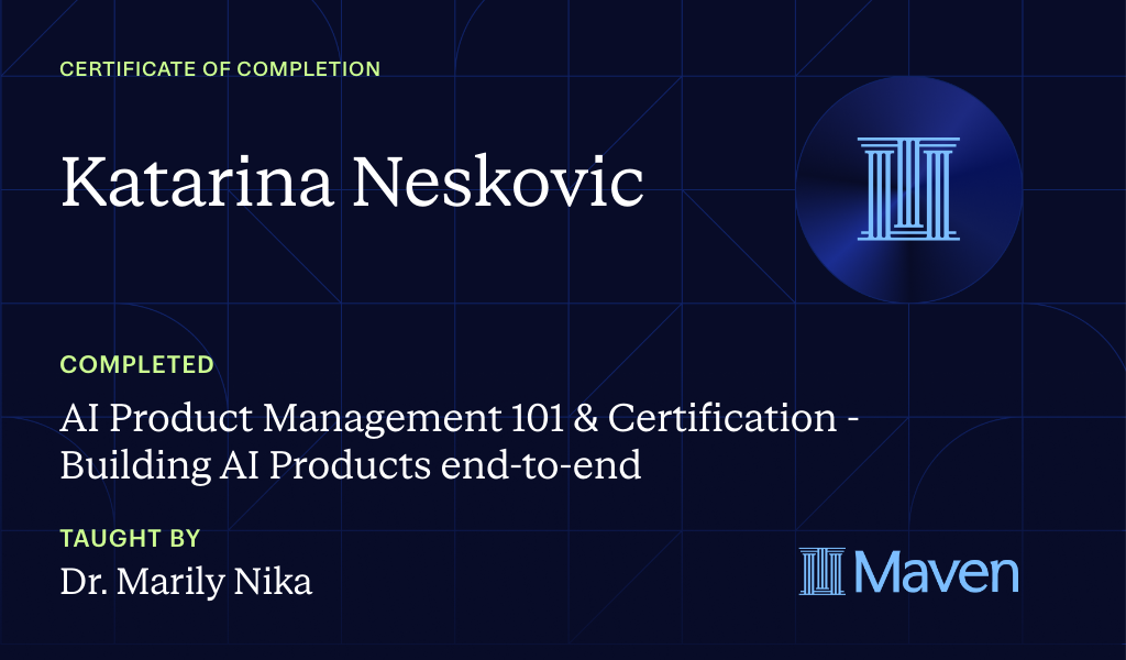 Certificate for AI Product Management 101 & Certification - Building AI Products end-to-end