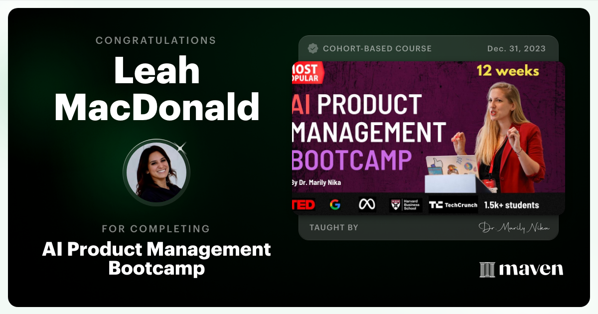 Certificate of Completion for AI Product Management Bootcamp & Certification by AI Product Academy
