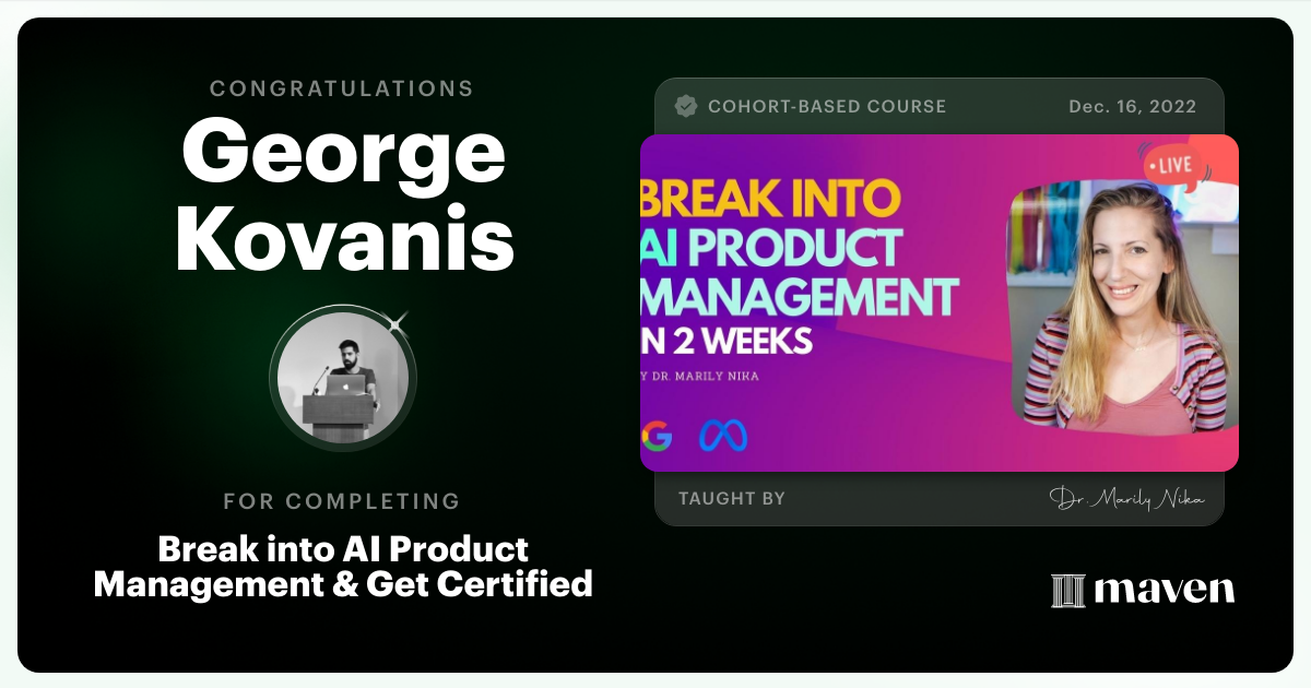 Certificate of Completion for AI Product Management 101 & Certification - Building AI Products end-to-end