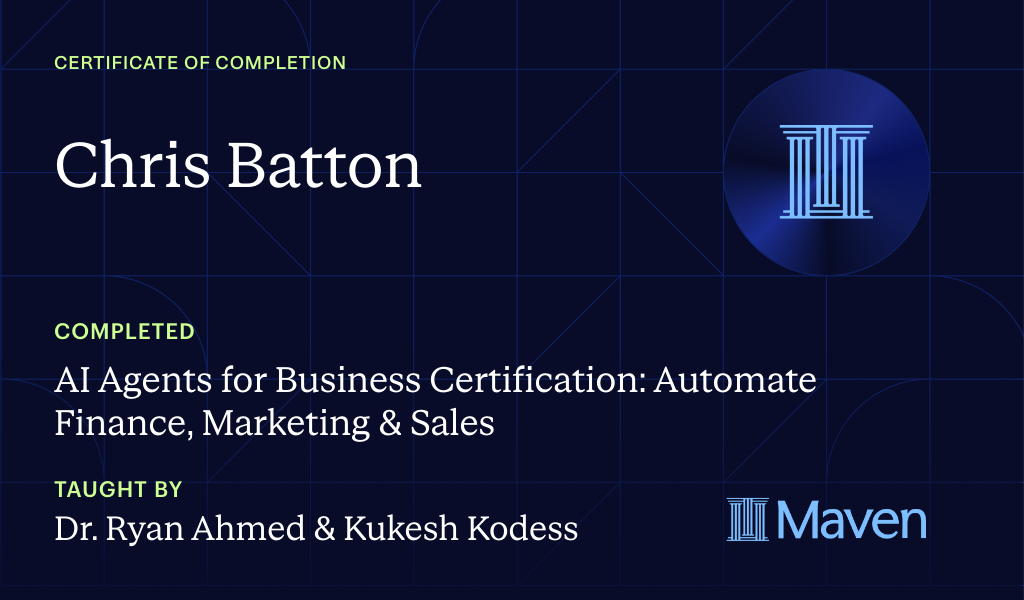 Certificate for Mastering AI Agents for Business & Finance Bootcamp & Certification