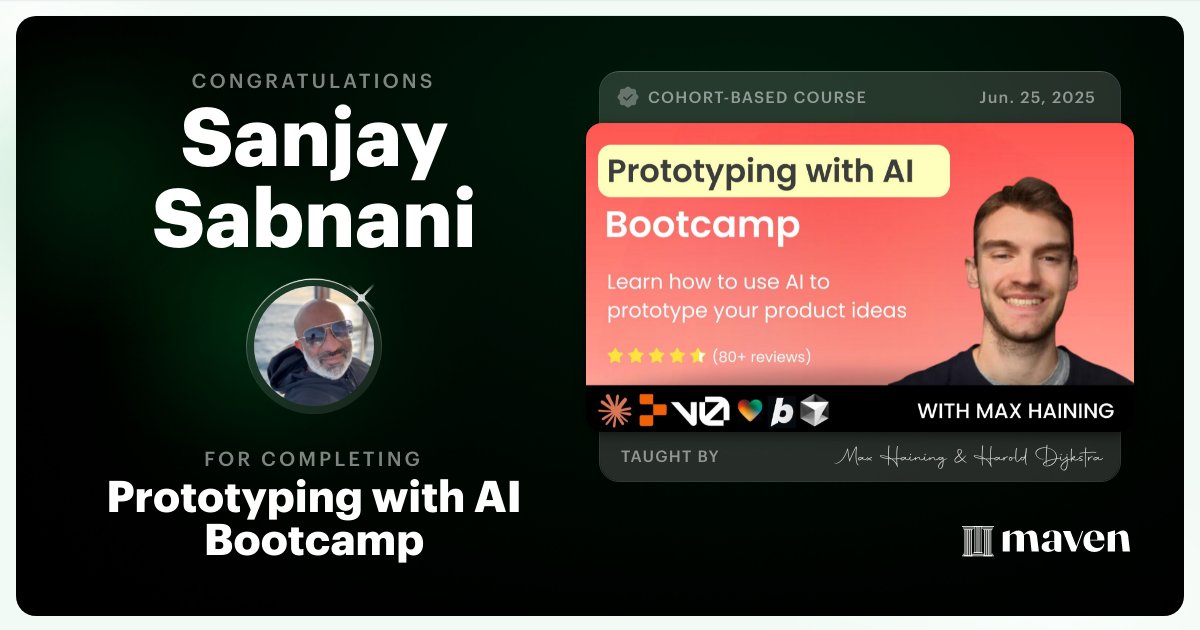 Certificate of Completion for Prototyping with AI Bootcamp