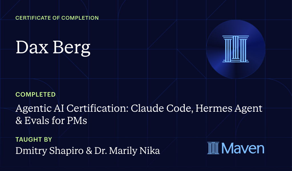 Certificate for Agentic AI Certification: Claude Code, Hermes Agent & Evals for PMs