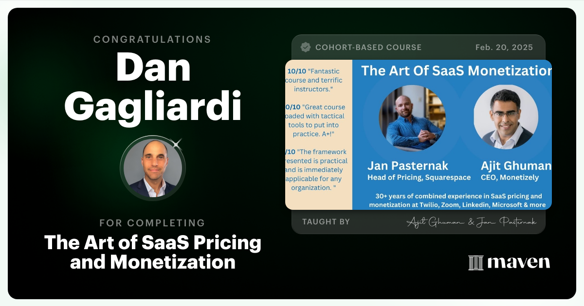 Certificate of Completion for The Art of SaaS, AI and Agentic Pricing