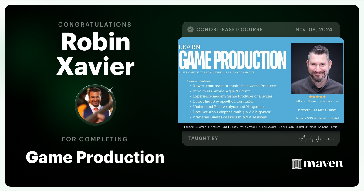 Certificate of Completion for Game Production – Think Like a Game Producer & Ship Games!