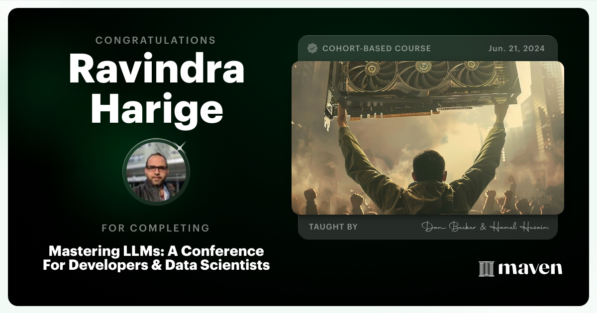 Certificate of Completion for Mastering LLMs For Developers & Data Scientists