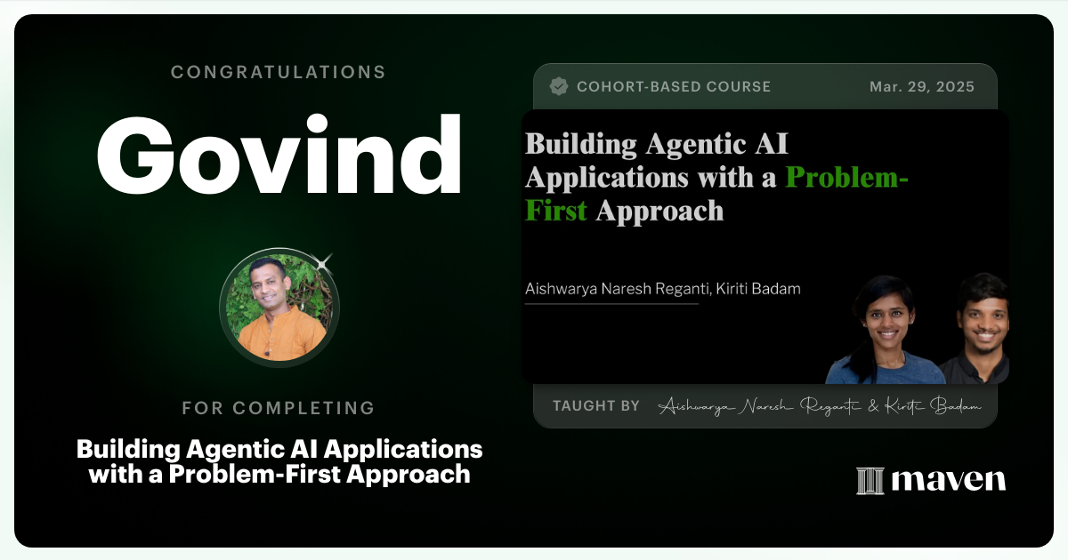Certificate of Completion for Building Agentic AI Applications with a Problem-First Approach