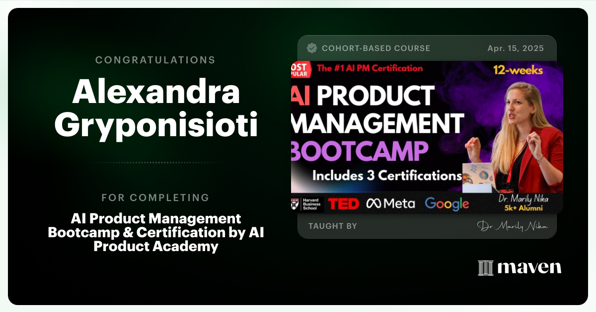 Certificate of Completion for AI Product Management Bootcamp & Certification by AI Product Academy