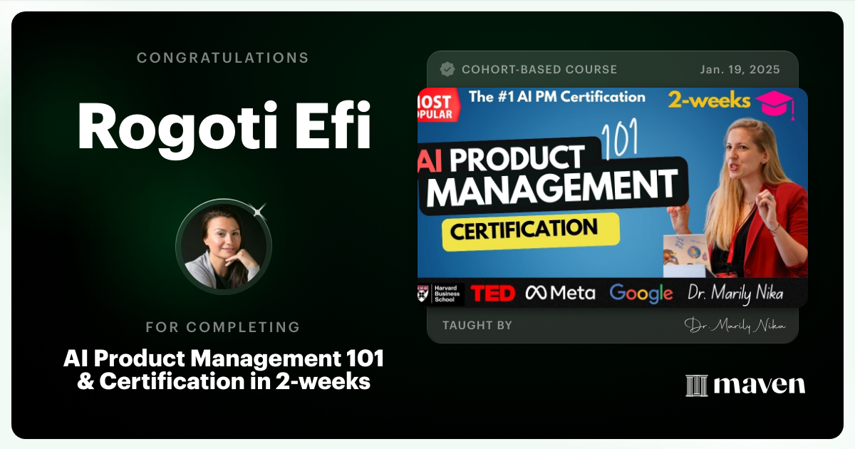 Certificate of Completion for AI Product Management 101 & Certification - Building AI Products end-to-end