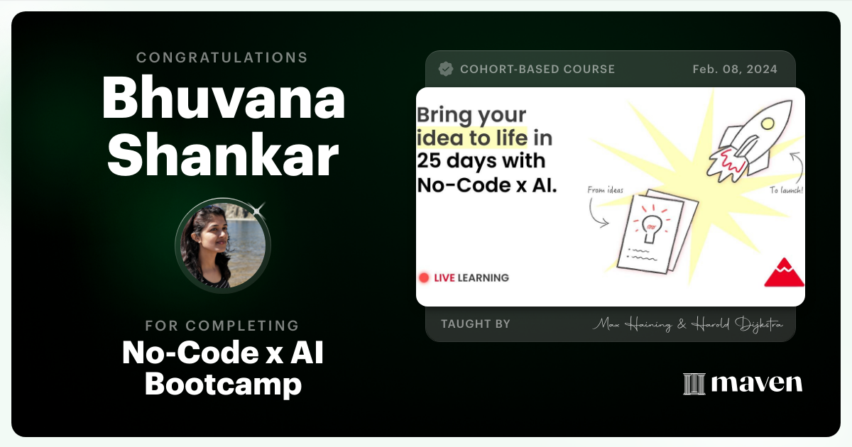 Certificate of Completion for No-Code x AI Bootcamp