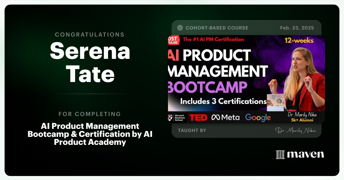 Certificate of Completion for AI Product Management Bootcamp & Certification by AI Product Academy