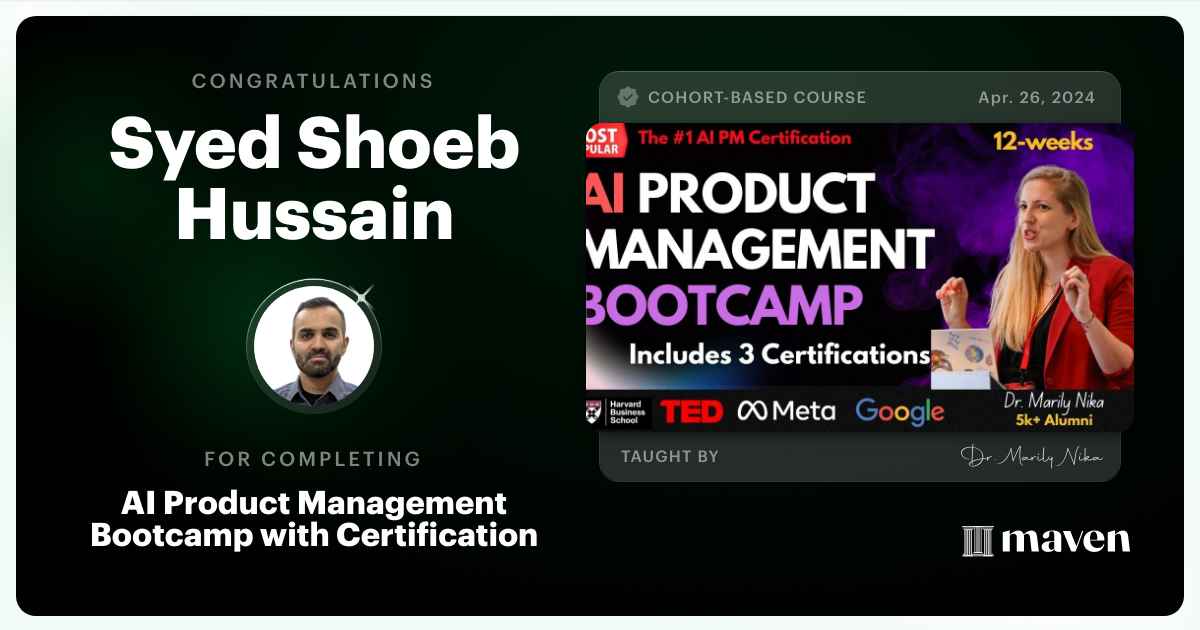 Certificate of Completion for AI Product Management Bootcamp & Certification by AI Product Academy