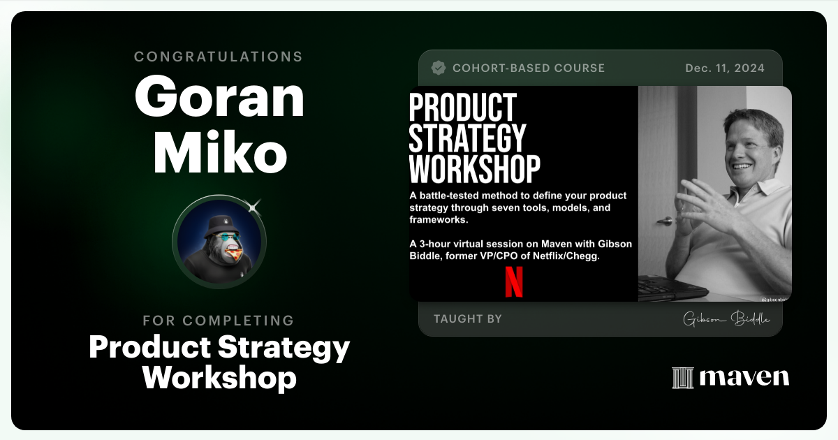 Certificate of Completion for Product Strategy Workshop