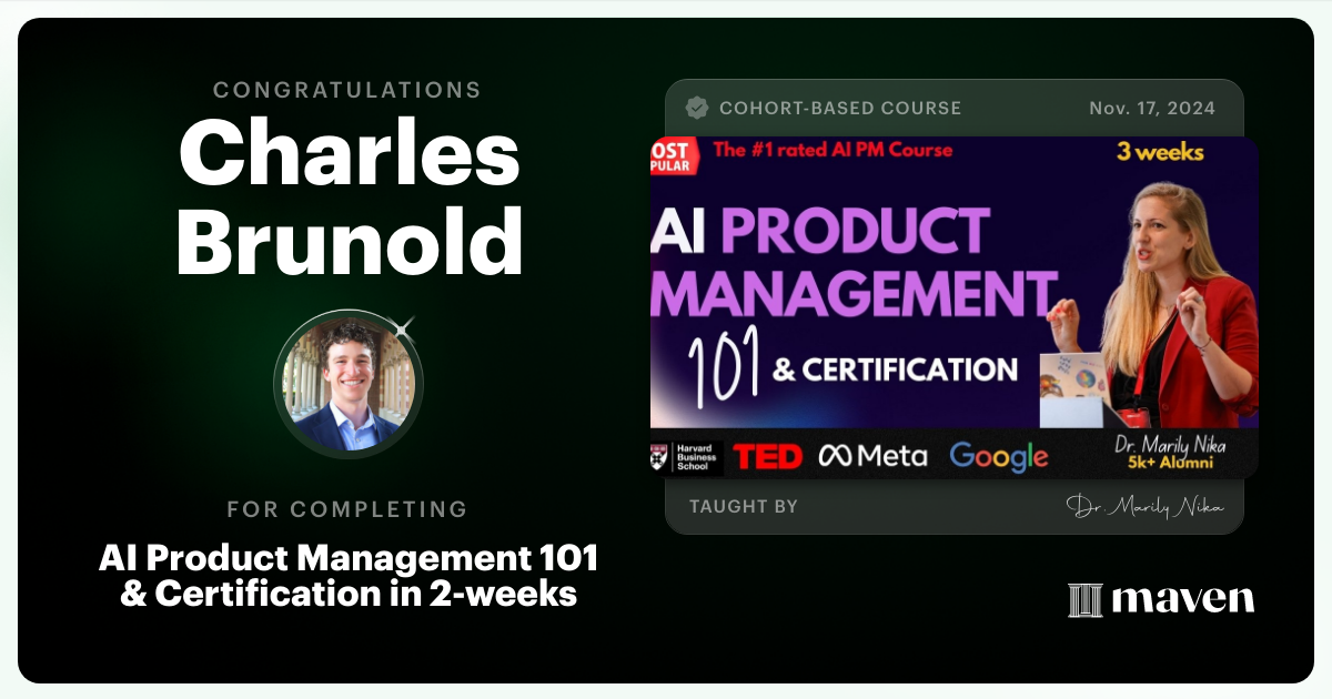 Certificate of Completion for AI Product Management 101 & Certification - Building AI Products end-to-end