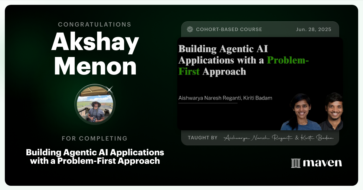Certificate of Completion for Building Agentic AI Applications with a Problem-First Approach