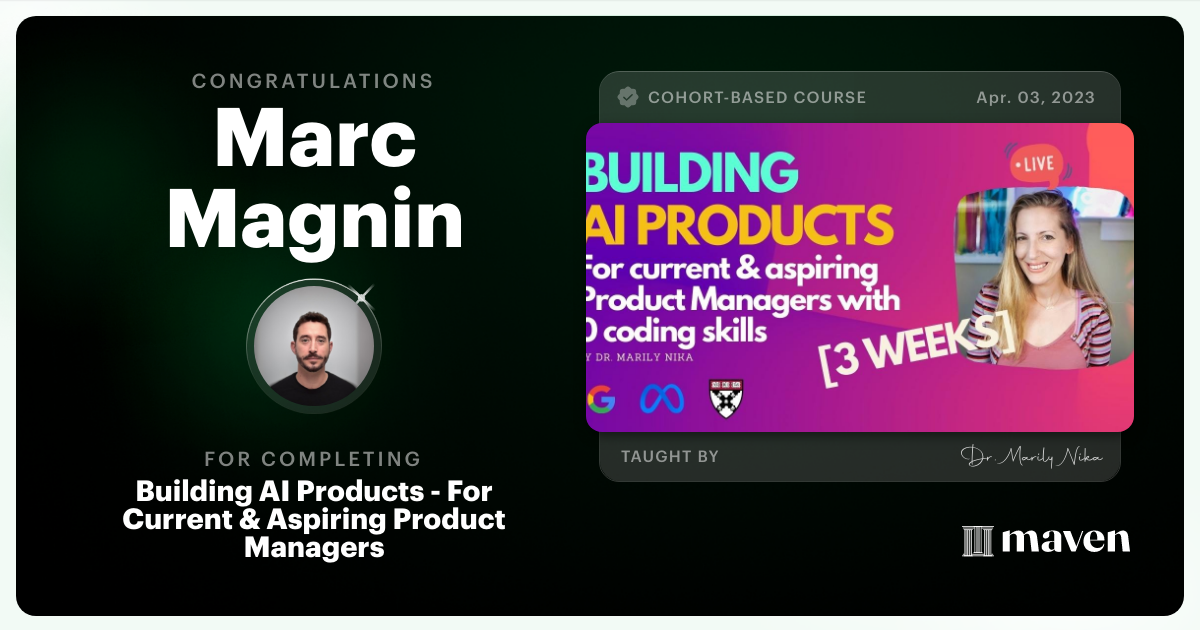 Certificate of Completion for AI Product Management 101 & Certification - Building AI Products end-to-end