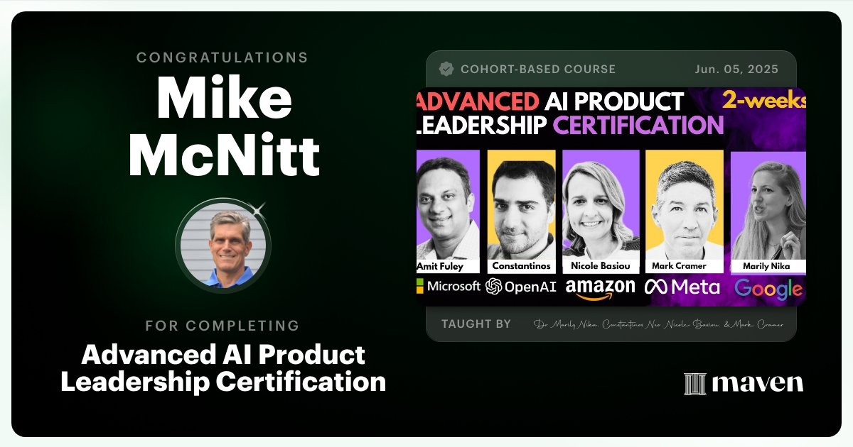 Certificate of Completion for Advanced AI Product Leadership Certification