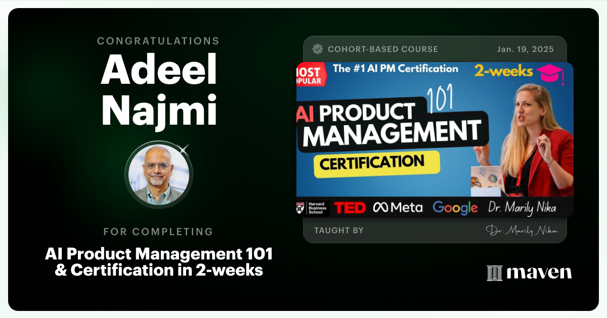 Certificate of Completion for AI Product Management 101 & Certification - Building AI Products end-to-end