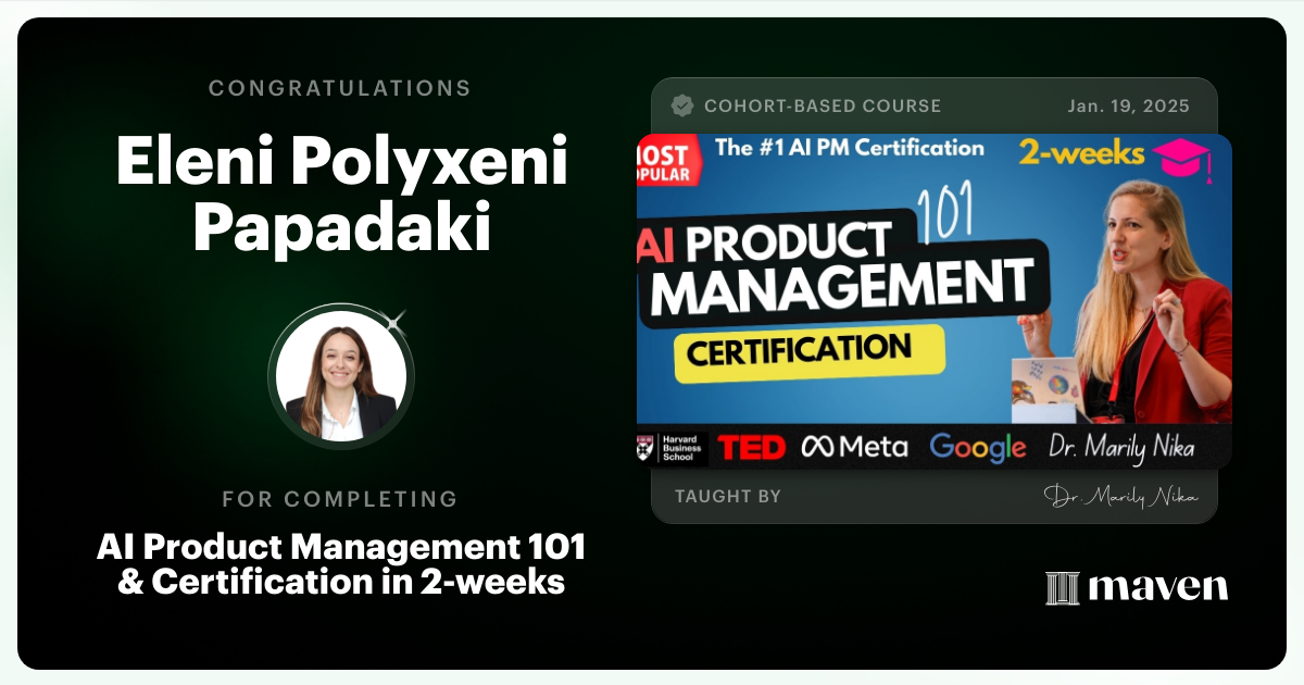 Certificate of Completion for AI Product Management 101 & Certification - Building AI Products end-to-end