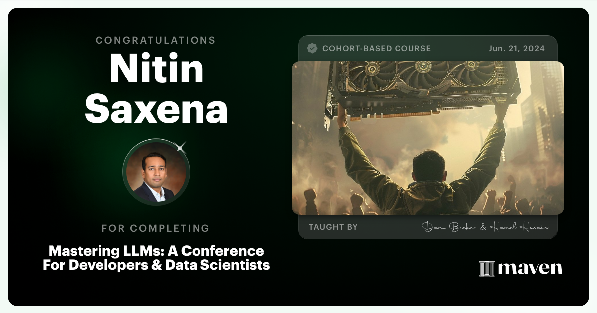 Certificate of Completion for Mastering LLMs For Developers & Data Scientists