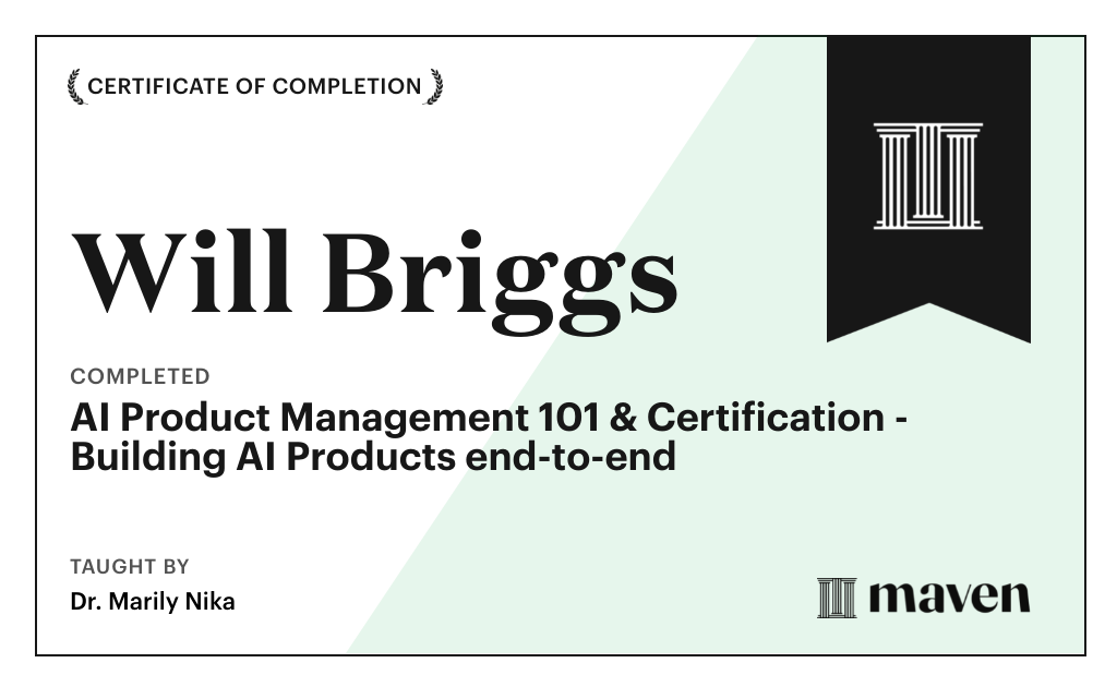 Certificate for AI Product Management 101 & Certification - Building AI Products end-to-end