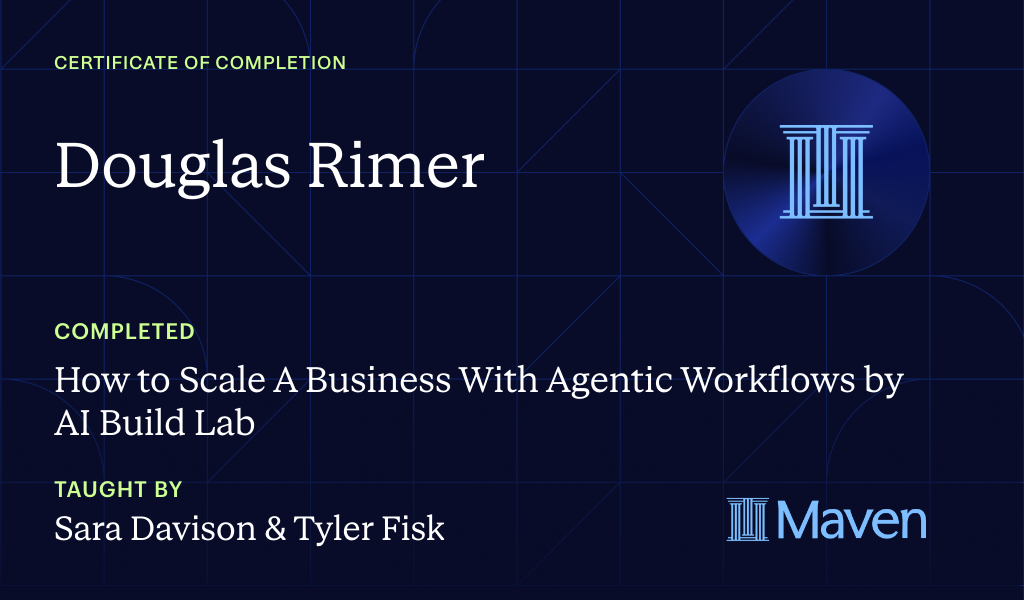 Certificate for How to Scale A Business With Agentic Workflows by AI Build Lab