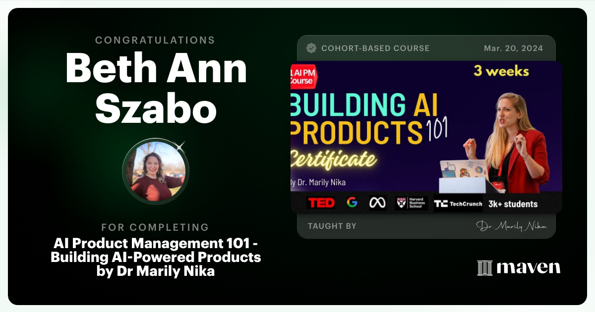 Certificate of Completion for AI Product Management 101 & Certification - Building AI Products end-to-end
