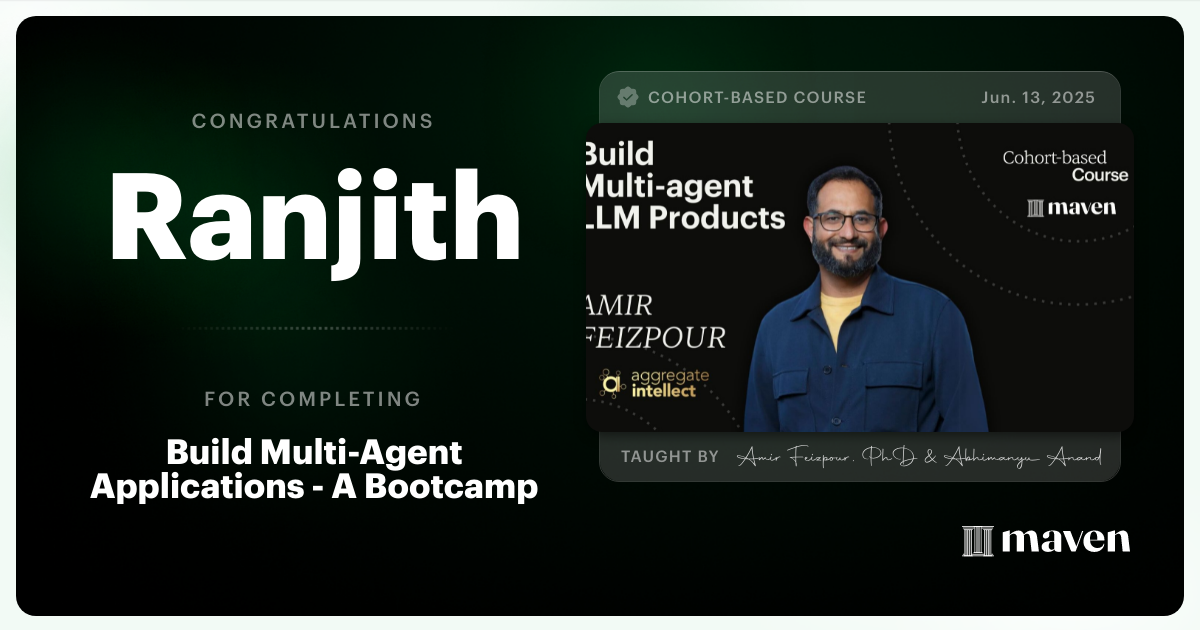 Certificate of Completion for AI Agents for Pragmatic Builders - Claude Code, LangGraph, n8n