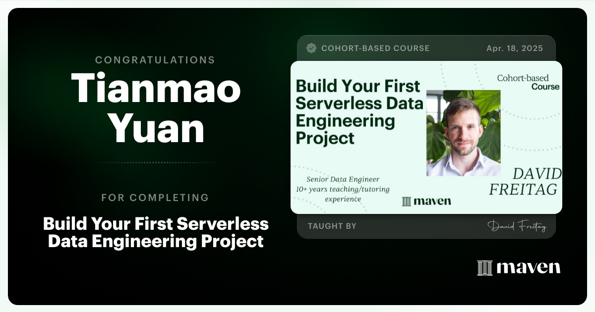 Certificate of Completion for Build Your First Serverless Data Engineering Project