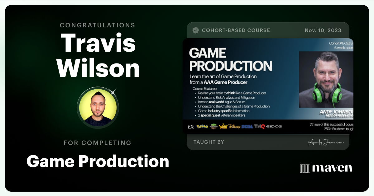 Certificate of Completion for Game Production – Think Like a Game Producer & Ship Games!