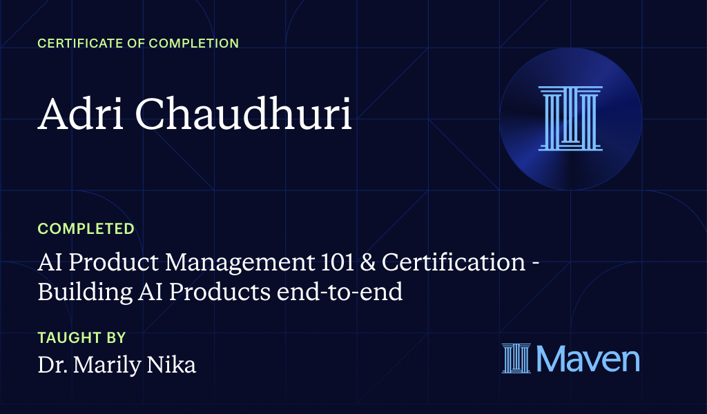 Certificate for AI Product Management 101 & Certification - Building AI Products end-to-end