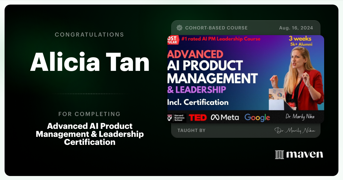 Certificate of Completion for Advanced AI Product Leadership Certification