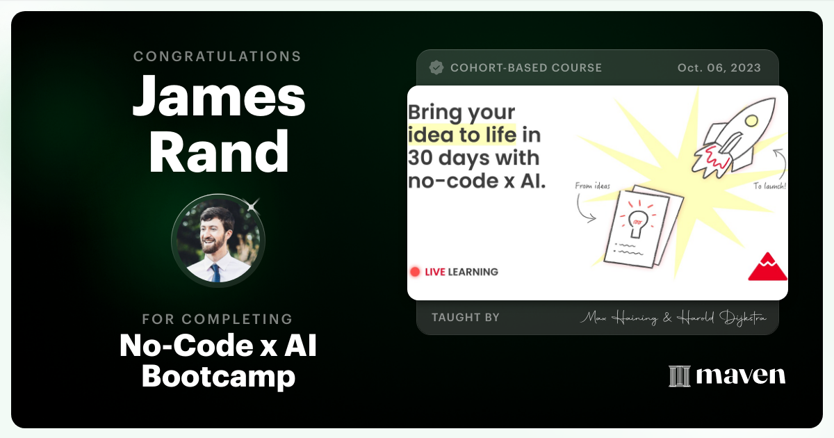 Certificate of Completion for No-Code x AI Bootcamp