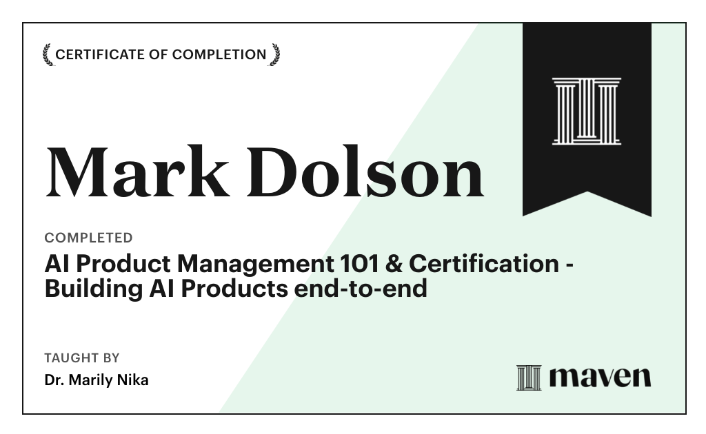 Certificate for AI Product Management 101 & Certification - Building AI Products end-to-end