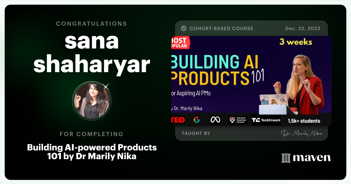 Certificate of Completion for AI Product Management 101 & Certification - Building AI Products end-to-end