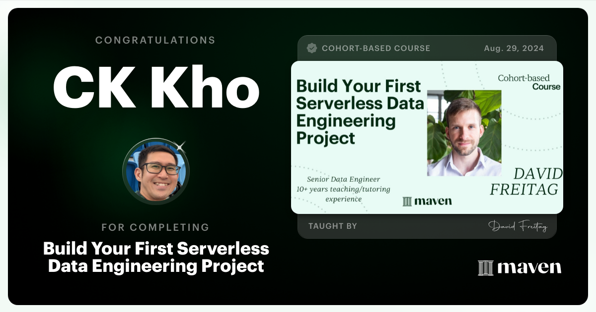 Certificate of Completion for Build Your First Serverless Data Engineering Project
