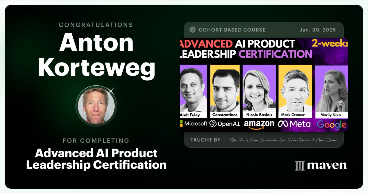 Certificate of Completion for Advanced AI Product Leadership Certification