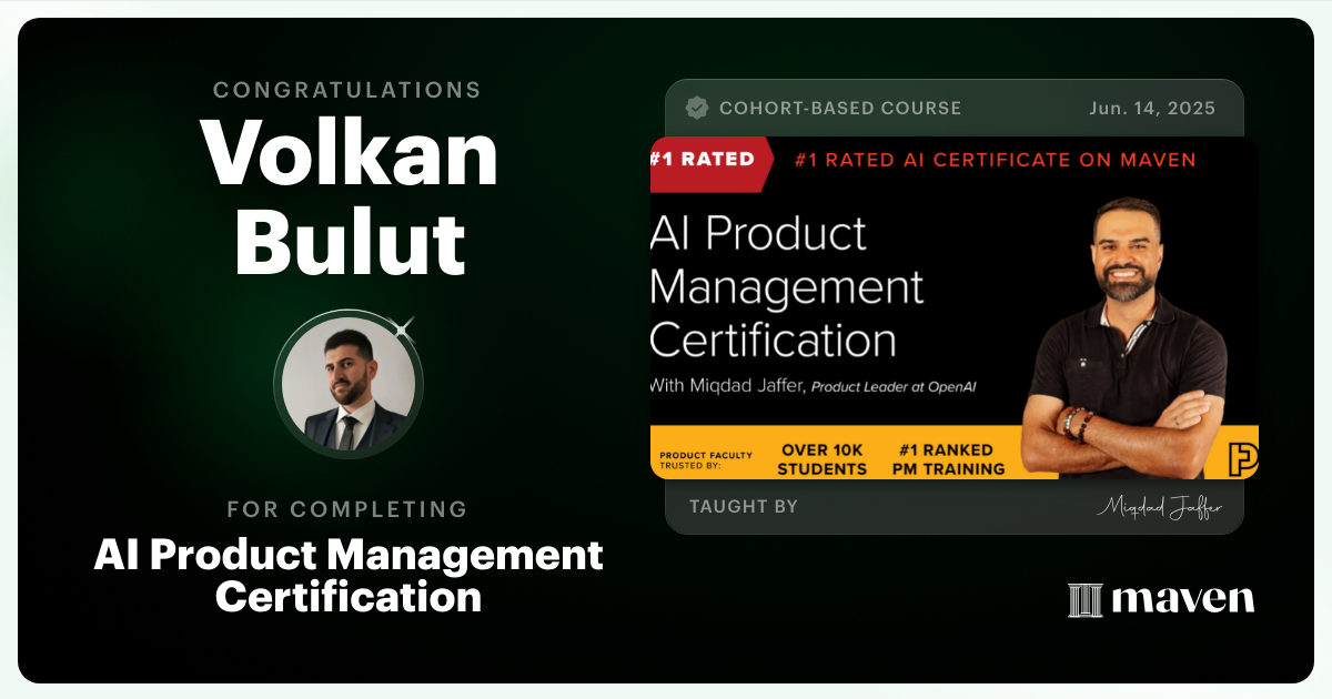 Certificate of Completion for AI Product Management Certification by Product Faculty